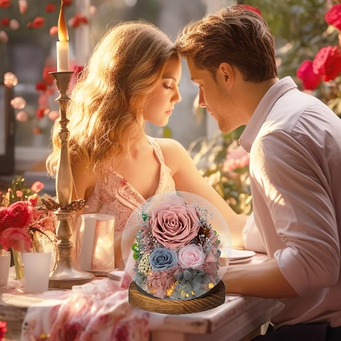 Large Preserved Flowers with Card-Flowers for Delivery Prime,Eternal Rose with Lights,Roses in Glass Dome,Romantic Gift for Her,Decoration, Fresh Rose Flowers for Mom, Birthday, Anniversary(Pink Blue)