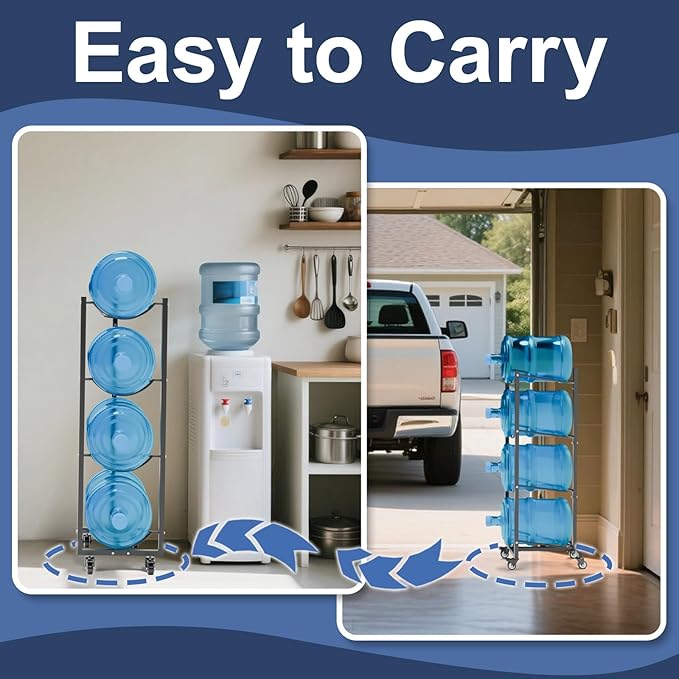 5 Gallon Water Jug Holder with 4 Wheels 4 Tier 5 Gal Water Bottle Storage Rack Stand for Home Kitchen Office Gym Garage