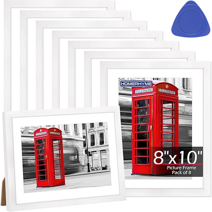 8x10 Picture Frame Set of 8, White Photo Frames for Tabletop or Wall Display, Fits Pictures 5x7 with Mat or 8x10 Without Mat, Frame Collage with HD Plexiglass for Gallery Home Wall Decor