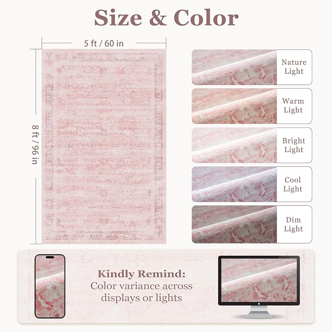 Pink Rug 5x8 for Bedroom Girls, Washable Non Slip Nursery Kids Room Rug Dorm, Aesthetic Distressed Area Rugs for Living Room, Low Pile Thin Carpet Rug for Playroom Dining Room Home Office