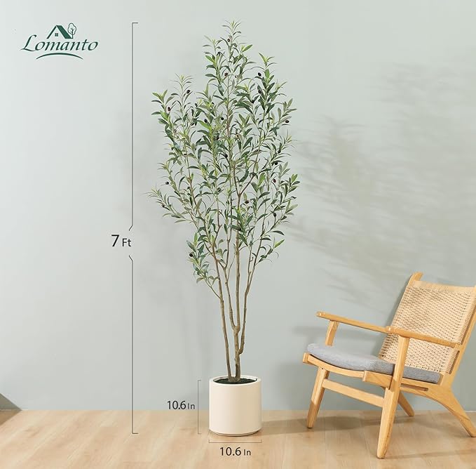 LOMANTO Artificial Olive Trees, 7 ft Tall Fake Olive Trees for Indoor | Faux Olive Silk Tree with White Planter,Large Olive Plants for Home Decor and Housewarming Gift, 1 Pack