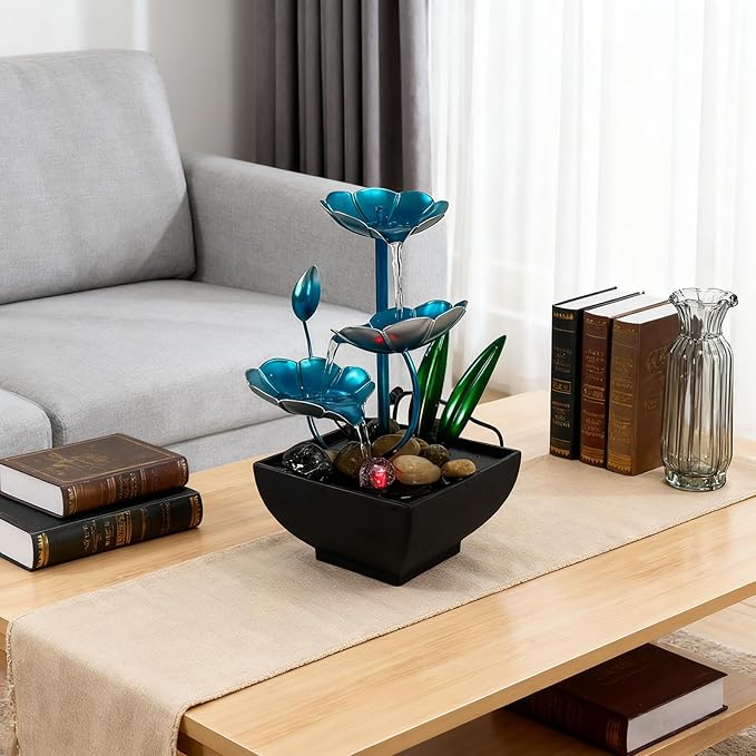 AOZITA Tabletop Fountain, Indoor Waterfall Fountain, Small Home Décor Zen Relaxation Soothing Sound Machine for Office, Living Room, or Bedroom,Blue Metal Lotus with Bud, River Rocks, LED