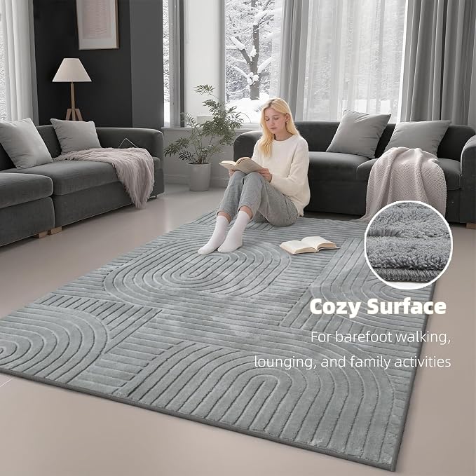 5x7 Solid Color Area Rugs – Washable Living Room Rug, Durable Non-Slip Indoor Carpet with Soft High-Low Pile, Fluffy Floor Rugs for Bedroom, Kids Room, House Apartment, Home Office Decor, Grey