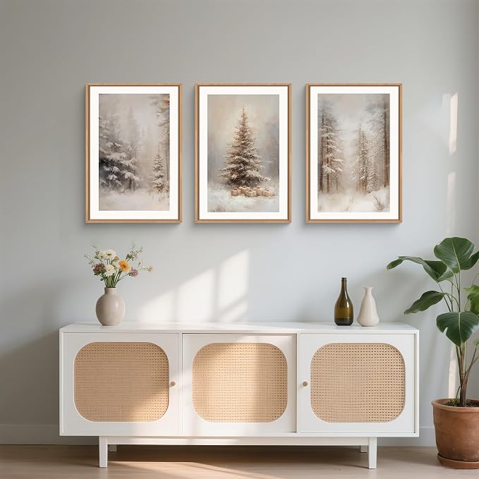 Vintage Christmas Tree Snowy Woodland Framed Canvas Wall Art Set,Modern Rustic Frosty Winter Landscape Wall Decor,Natural Snow Covered Pine Forest Artwork for Xmas Bedroom,Farmhouse-16 x24 x3