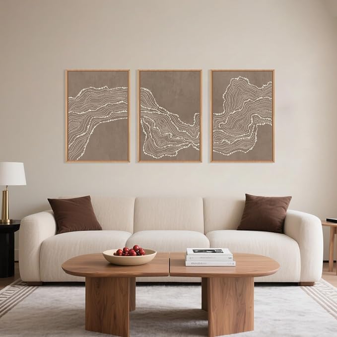 Abstract Line Wave Framed Canvas Wall Art Set,Geometric White Tan Art Painting,Modern Minimalist Wall Decor,Neutral Brown Artwork for Living Room,Bedroom,Dining Room,Office-16 x24 x3