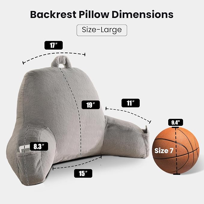 Large Plush Backrest Pillow for Sitting in Bed,Faux Fur,Gray | 19" Back Pillow with Arms Supports Adults,College Students,Elbows & Forearms for Dorm Reading,Gaming,Watching TV