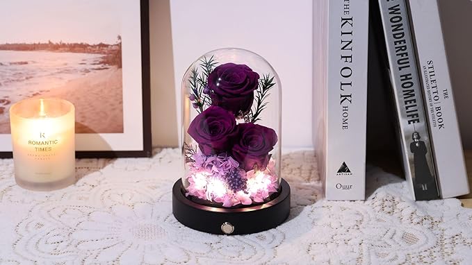 Flowers Gifts for Women, Preserved Roses in Glass Dome, Forever Flowers for Delivery Mothers Day Birthday Gifts for Mom Her Wife Girlfriend on Valentines Day Anniversary Purple