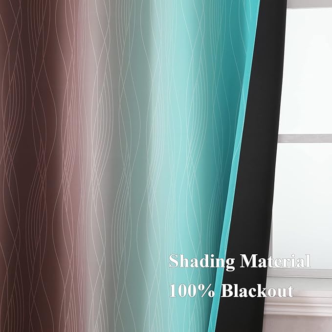 Estelar Textiler Brown and Teal Gradient Blackout Curtains for Bedroom, Ombre Thermal Insulated Noise Reducing Blackout Drapes for Living Room, Full Room Darkening Grommet Curtains, 52Wx84L, 2 Panels