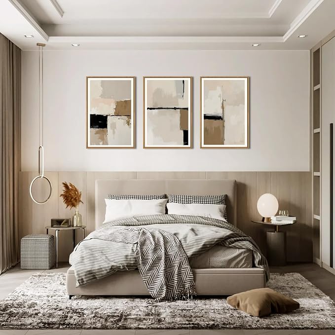 HPINUB Large Modern Abstract Framed Canvas Wall Art Set,Geometric Line Black White and Beige Textured Wall Decor Neutral Gray Minimalist Art Print for Living Room,Bedroom,Office -24"x36"x3