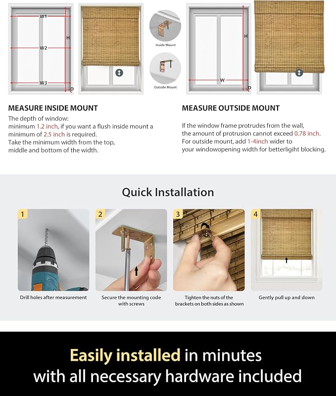 UNISHADES Cordless Bamboo Roman Shades, 29.5×64 in, BDP-Espresso | Wide Bamboo Strip Weaving Technique, High light-blocking capacity, High Level of Privacy Protection
