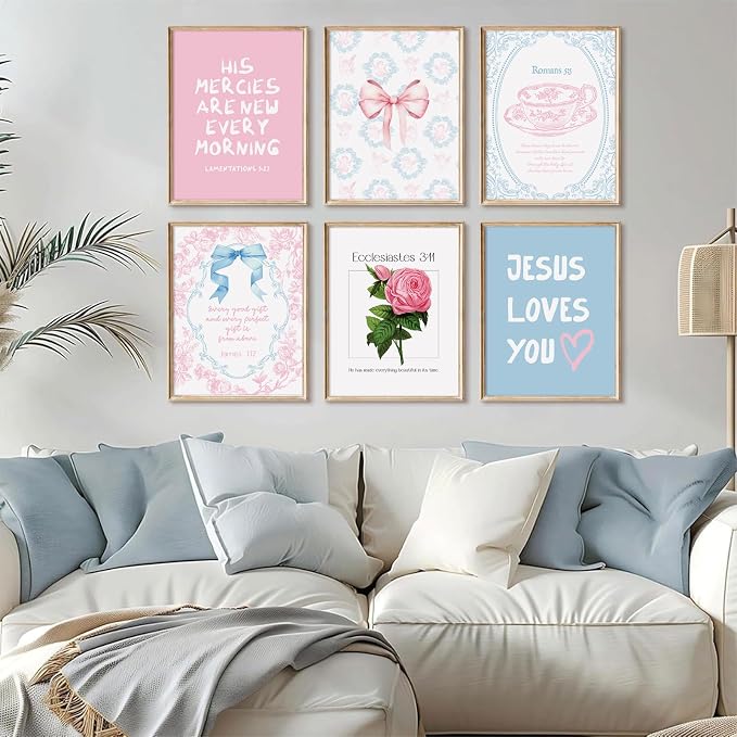 Christian Wall Art Decor Bible Verses Poster Girl Preppy Canvas Room Decor Pink Blue Scripture Wall Art Coquette Floral Bow Aesthetic Prints Trendy Artwork for Girl Bedroom 8x10x6 Inch Unframed