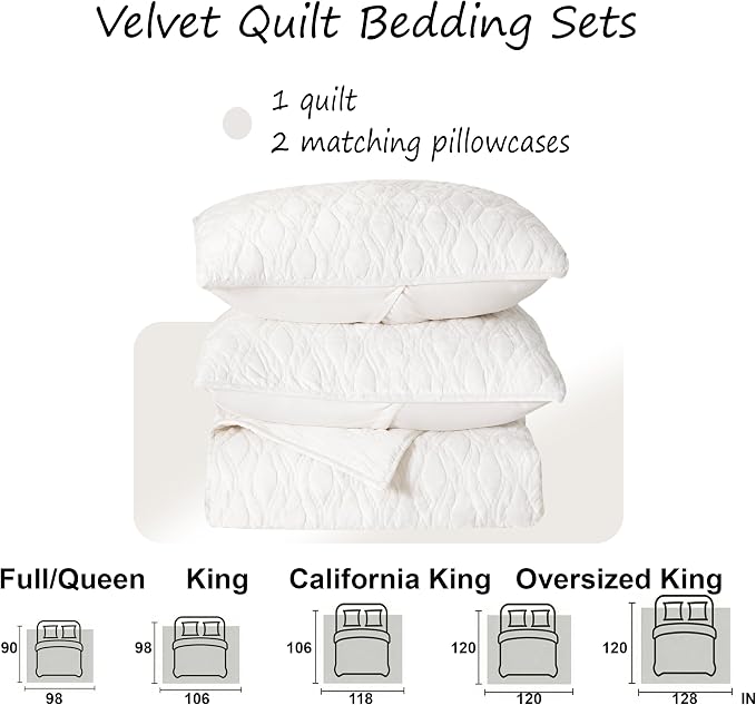 Velvet Quilt Set California King Size 106x118 Soft Bedding Set 3 Pieces Neutral Luxury Bedspread Farmhouse Comforter with 2 Pillow Shams 20x36 for All Seasons,Cream White