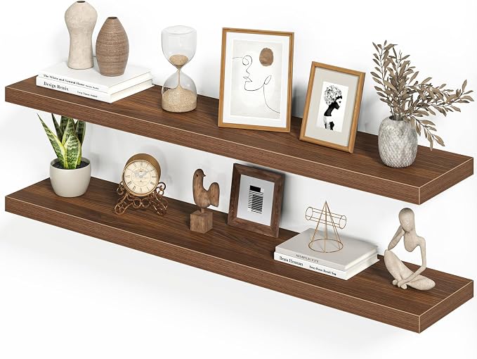 Heimlove Floating Shelves for Wall 48 Inches Long,9.3" Deep Walnut Floating Shelf Set of 2,Wall Mounted Wood Shelves for Bathroom Bedroom Living Room Kitchen Office,Shelf for Books Storage Room Decor