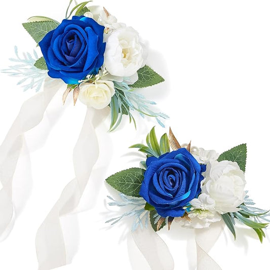 Alecono Set of 2 Wrist Corsage for Wedding, Navy Blue Corsages for Bride Bridesmaid, Artificial Flowers for Prom Graduation Ceremony Anniversary