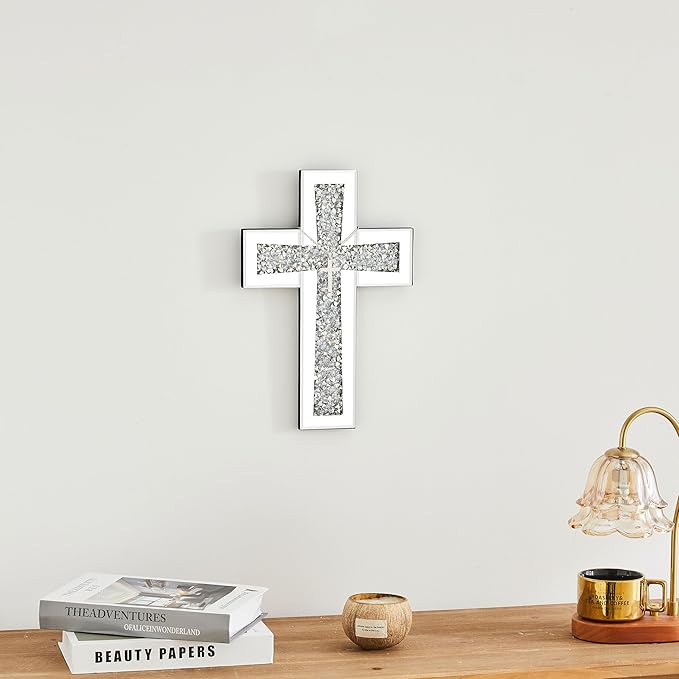 Aeveco Cross Wall Decor, Silver Mirrored Cross for Living Room, Crystal Crush Diamond Mirror Crosses, Religious Wall Art, Home Decor