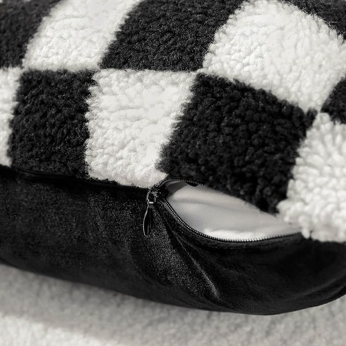 AmHoo Pack of 2 Decorative Throw Pillow Covers Checkerboard Luxury Super Soft Faux Fur Wool Set Case Cushion for Couch Sofa Bedroom 16 x 16-Inch Black