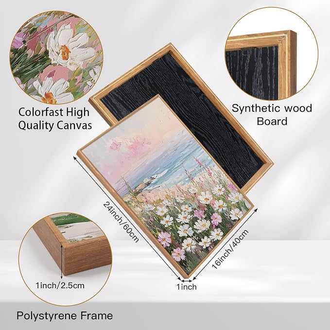 TOARTi Framed Pastel Coastal Sailboat Canvas Wall Art Set, Pink Beach Daisy Floral Wall Decor, Watercolor Spring Ocean Seascape Wildflower Art Prints for Farmhouse Living Room Bedroom Office-16”x24”x3