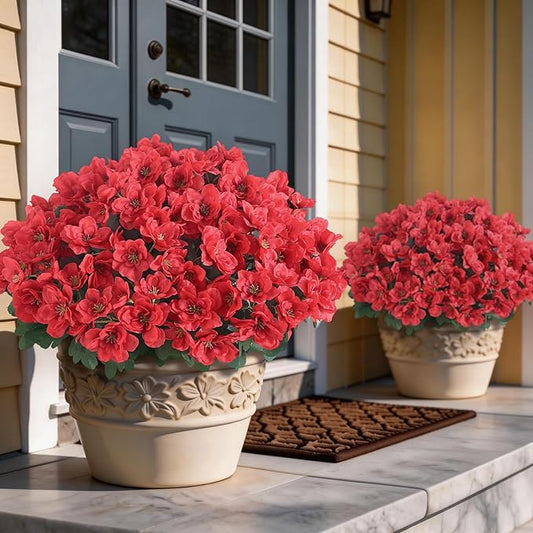 YXZZWL 8 Bundles Artificial Flowers for Front Door, Fake Silk Azalea Bouquet Silk Flowers for Outside UV Resistant Realistic Faux Plants for Planter Farmhouse Patio Garden Walkways Home Decor (Red)