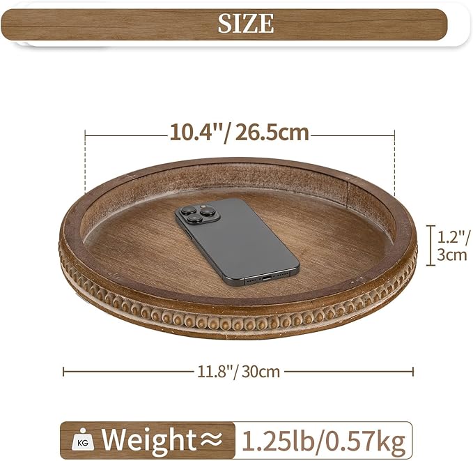 Hanobe Round Wooden Tray Decor: Decorative Candle Plate Holder Tray for Coffee Table - Rustic Farmhouse Table Centerpiece for Home Living Room Kitchen Counter(Brown)