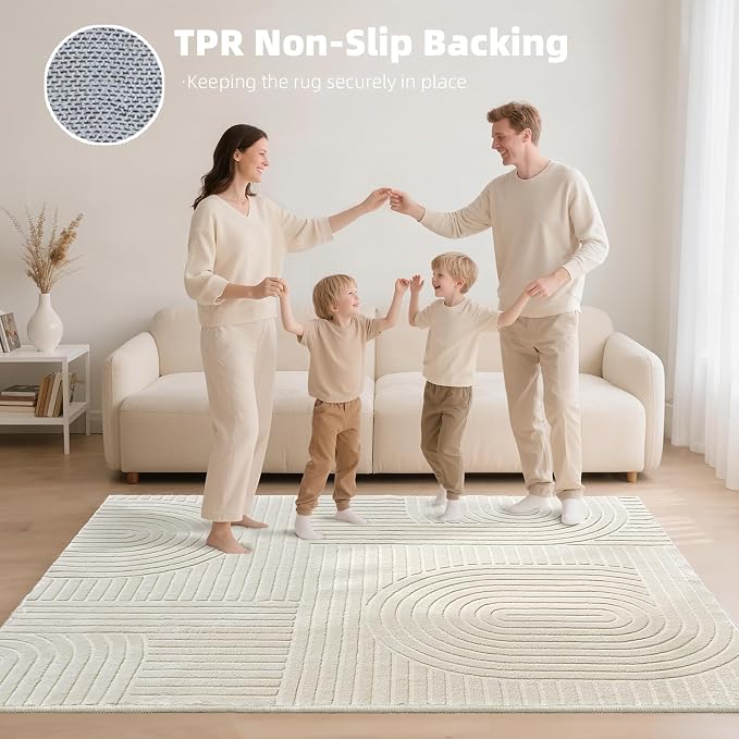 5x7 Geometric Solid Beige Area Rug – Washable, Durable Non-Slip Indoor Carpet with Soft High-Low Pile, Fluffy Floor Rugs for Living Room, Bedroom, Bedside, Kids Room, Nursery,Home Office Décor
