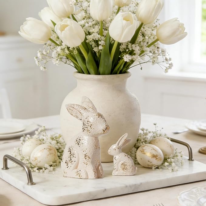DN DECONATION Easter Decorations White & Gold Bunny Decor Rabbit Figurines, Wabi Sabi Easter Bunny Statue Set of 2 for Spring Tabletop Home Decor Farmhouse Shelf Mantel, Pressed Wood Sculpture