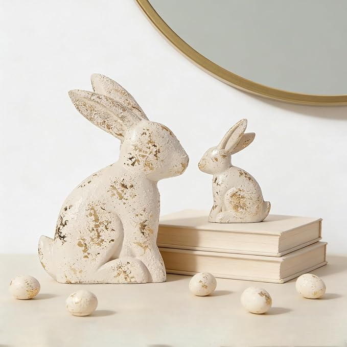 DN DECONATION Easter Decorations White & Gold Bunny Decor Rabbit Figurines, Wabi Sabi Easter Bunny Statue Set of 2 for Spring Tabletop Home Decor Farmhouse Shelf Mantel, Pressed Wood Sculpture