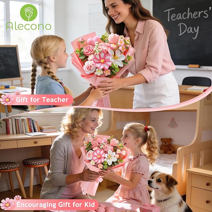 Alecono Large Crochet Flower Bouquet, Pink Knitted Flowers, Crochet Tulip Galsang Flower for Valentines Day Lover Anniversary Birthday Party Mother's Day Graduation Gifts (Include Card)