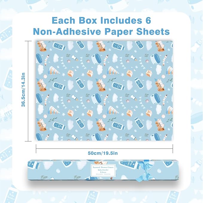 SCENTORINI Baby Powder Scented Drawer Liners for Dresser, 6 Sheets Fragrant Drawer Paper Liners Non-Adhesive Paper Sheets for Home Closet, Bedroom Drawers, Kitchen Cabinets