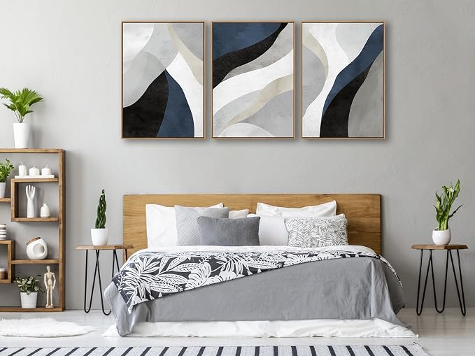 Large Abstract Framed Wall Art - Canvas Wall Art Pictures Prints for Living Room Decor Natural Float Framed Artwork for Bedroom Kitchen Home Office Decoration 60" X 28" Set of 3 Blue Grey