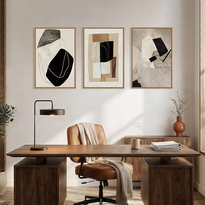 DRACIT Large Abstract Neutral Framed Canvas Wall Art Set,Modern Beige Black Artwork for Walls,Minimalist Block Wall Decor for Living Room, Bedroom,Office-24 x36 x3