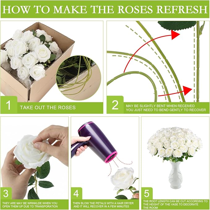 Hananona Artificial Roses in Bulk, Fake Velvet Silk Roses Realistic Rose for Wedding Centerpieces Flower Arrangement Home Decor (50, White)