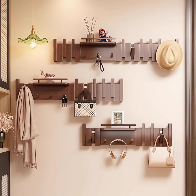 Wall Mounted Coat RackHooks Piano Key Hangers Natural Solid Wood Hanger Non-Woven Fabric Clothes Hangers for Closet, Kitchen, Bedroom, Bathroom, Entryway (Innovate-Beech, 10 Hooks)