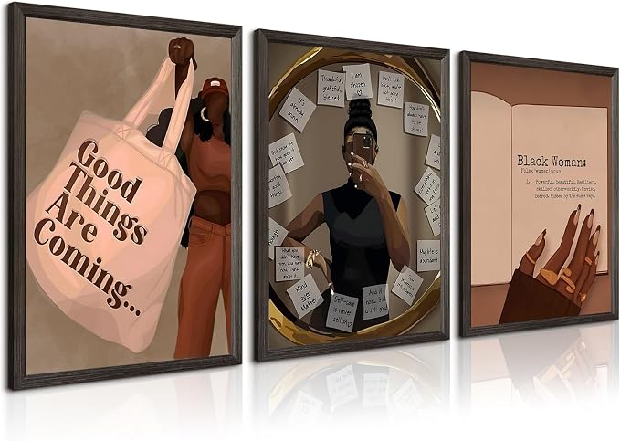 Black Girl Wall Art African American Woman Canvas Wall Decor Black Female Wall Art Fashion Women Poster Feminine Boho Pictures Abstract People Paintings for Bedroom Bathroom 16x24 Inch Framed Set of 3