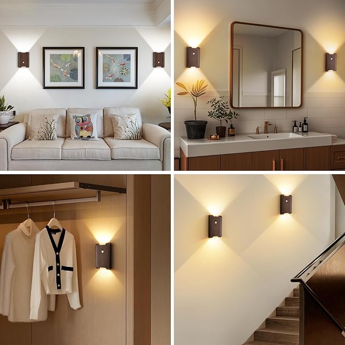 4 Pack Battery Powered Motion Sensor Wall Sconces: 5000mAh Rechargeable LED Wall Light with Remote, Magnetic Motion Sensored Stair Light Indoor Wireless Sconce for Hallway Bedroom Bedside, Walnut