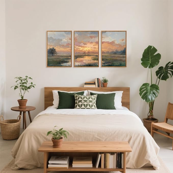 TOARTi Large Framed Abstract Sunset Landscape Canvas Wall Art,Nature Sunset Scenery Painting Wall Decor, Watercolor River Grassland Art Prints for Farmhouse Home Living Room Bedroom Office-16”x24”x3