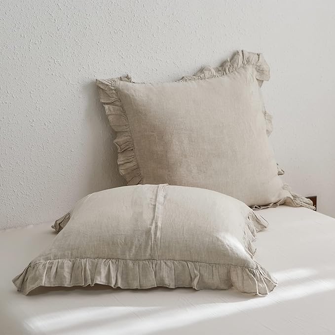 Simple&Opulence 100% Linen Euro Sham Covers with Ruffle, 26x26 Inch Pillow Covers Set of 2, Euro Pillow Shams for Bed Couch French Home Decor Luxury and Breathable Square Pillow Cases, Natural Linen