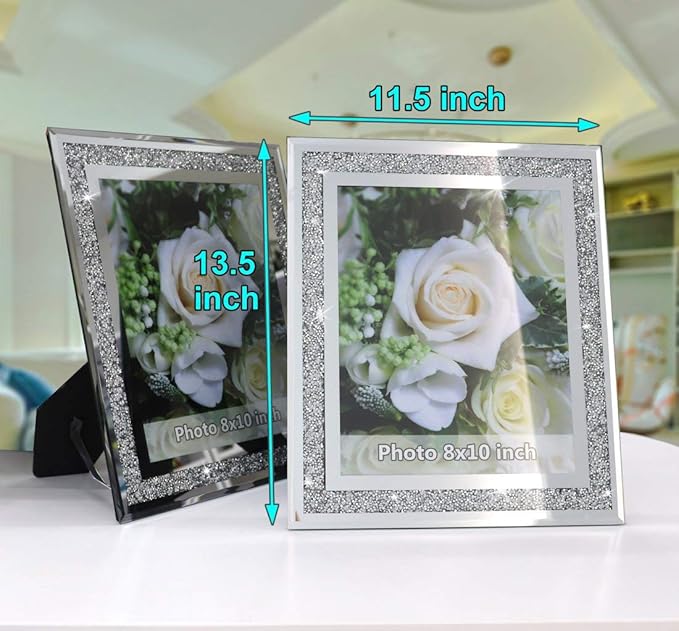 Crushed Diamond Wedding Mirror Photo Frame, Crystal Silver Glass Picture Frame For Photograph Size 8x10 inch, Pack of 2 Pieces, table top Stand frame & Wall Frame. Bling Sparkle Crushed Diamond Home