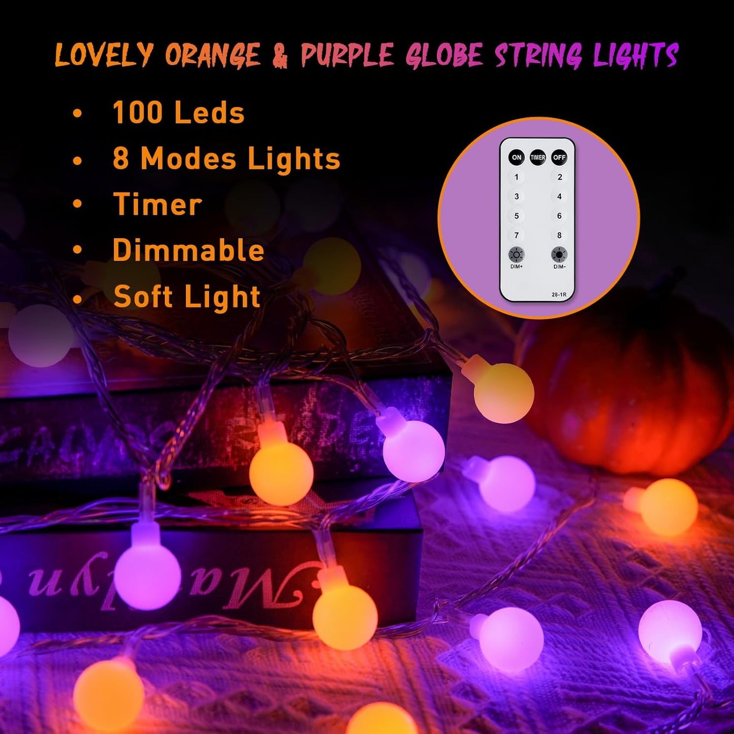 JMEXSUSS 100 LED Orange and Purple Halloween Lights Indoor, Connectable Globe String Lights Plug in with Remote, 33ft 8 Modes Orange and Purple Light Outdoor for Room Party Halloween Decor