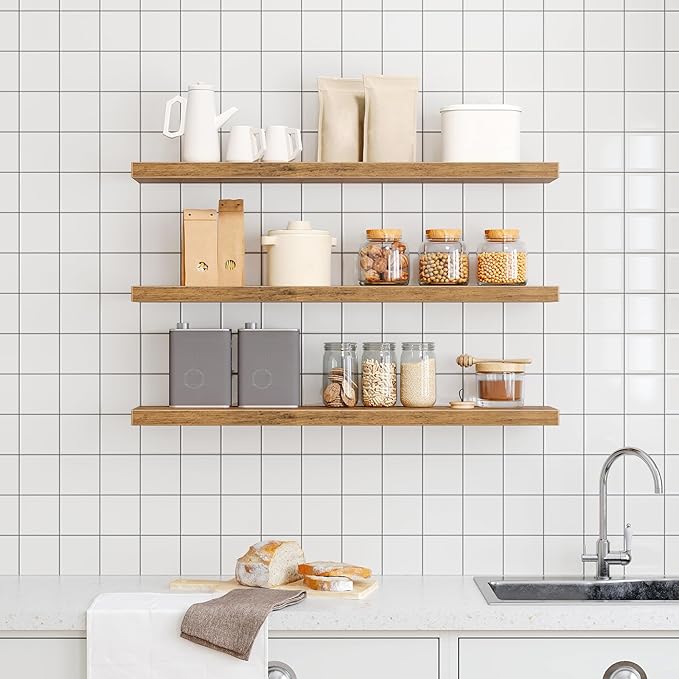 RALGEND Floating Shelves for Wall, 39.4" Long Wall Shelf Set of 3 with Invisible Bracket, 1.5" Thick Hanging Shelves Farmhouse Home Decor for Bathroom, Living Room, Bedroom Rustic Brown 10301BJP3BF