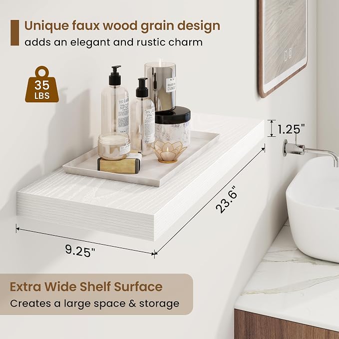 24in Floating Shelves for Wall, 24"W x 9.25"D x 1.25"H, 2 Pack Long Wall Mounted Engineered Wood Shelves with Invisible Brackets for Living Room, Bedroom, Bathroom, Kitchen Decor and Storage, White