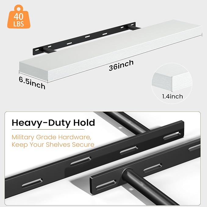 Fun Memories Floating Shelves for Wall, 36 Inch Long Set of 2 Rustic Wood Wall Shelves with Invisible Brackets, Heavy Duty Storage Display for Living Room Bedroom Kitchen, White