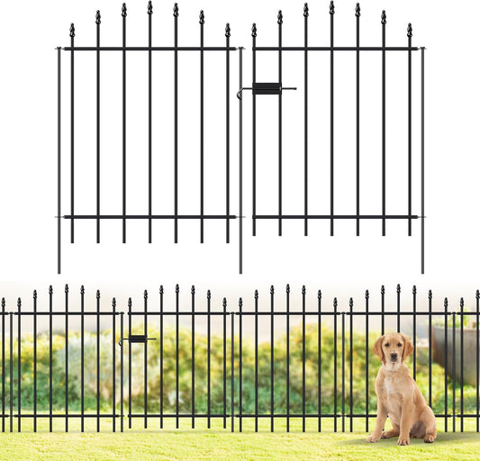 Metal Garden Fence with Gate 32 in H x 12 ft L, 1 Gate + 5 Panels Border Dog Fence Panels Animal Barrier, No Dig Garden Fencing for Yard Patio Flower Bed Lawn Outdoor, Arch Black