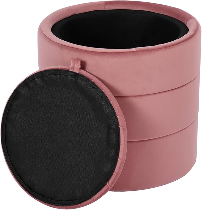 HomePop Storage Round Ottomanwith Removable Lid|Homepop Home Décor|Upholstered Round Velvet Foot Rest Ottoman - Blush Pink Velvet