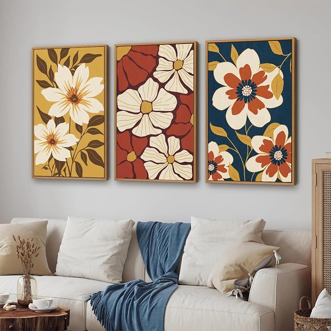 Rantodecor Large Vintage Floral Framed Canvas Wall Art Set, Mid Century Modern Wall Decor, Minimalist Retro Flowers Art Paintings, Beige Neutral Botanical for Bedroom Living Room Office 24"x36"x3