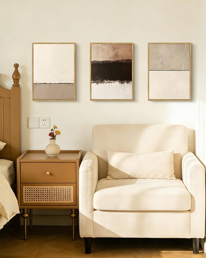 PHOPAGO Neutral Abstract Framed Wall Art Minimalist Beige Gray Pastel Wall Decor Modern Watercolor Art Paints for Kitchen Living Room - 11x14in Natural Framed