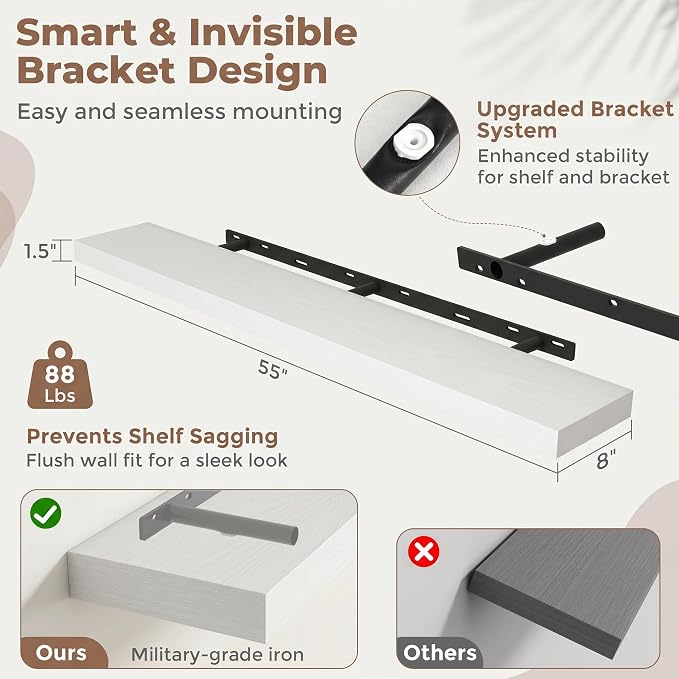 55 Inch Floating Shelves for Wall, 8"D Wood Storage Shelves, White Finish | Engineered Wood, Invisible Bracket, Large Storage, Easy Install, Hold Up to 88lbs, Living Room, Bathroom, Bedroom, Kitchen