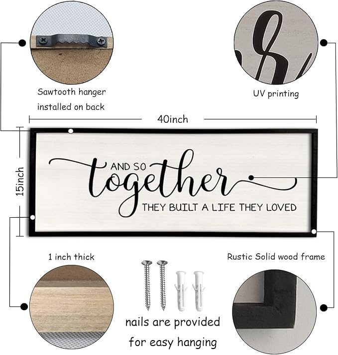 Surfapans And So Together They Built A Life They Loved Wall Decor 40”X15” Large Framed Farmhouse Wood Sign for Bedroom Above Bed Living Room Over Bed Wall Art Modern Hanging Decoration (Black)