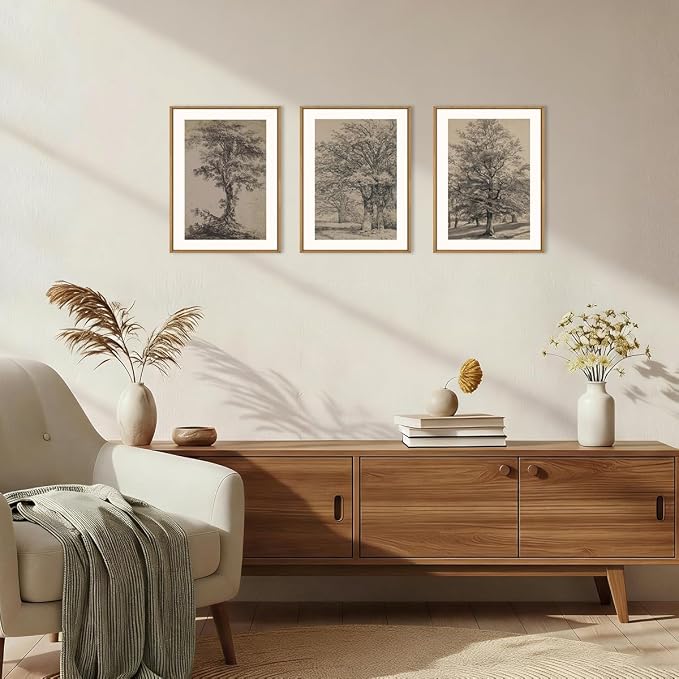 KAIRNE Vintage Tree Sketch Framed Canvas Wall Art Set, Antique Tree Drawings Wall Decor, Retro Forest Art Prints, Modern Nature Landscape Artwork for Living Room, Bedroom, Farmhouse, Office-12 x16 x3