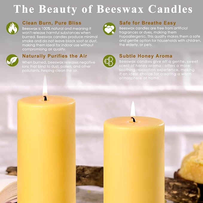 Natural Beeswax Candles Pillar 3x6 Inch, 2 Packs, Large Pure Beeswax Pillar Candles for Emergency Prayer Home Decor, 100 Hours Long Burning Time Bees Wax Candle for Relax, Smokeless & Dripless