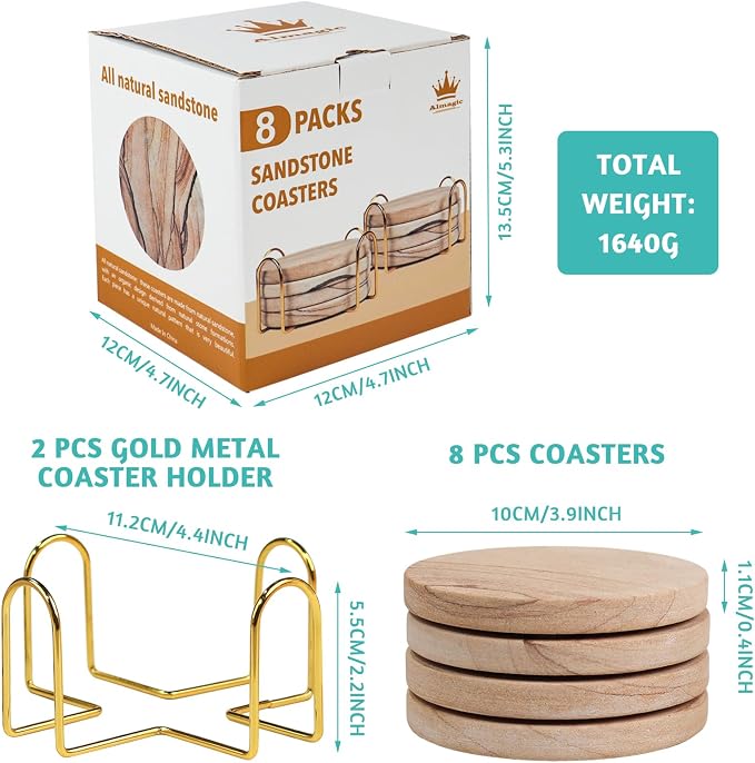 Natural Sandstone Coasters Set of 8 with Holder, 4 in Dia Drink Coasters for Coffee Table, Water Absorbent & Heat Resistant Cup Coaster for Home & Office, Christmas Birthday Gift